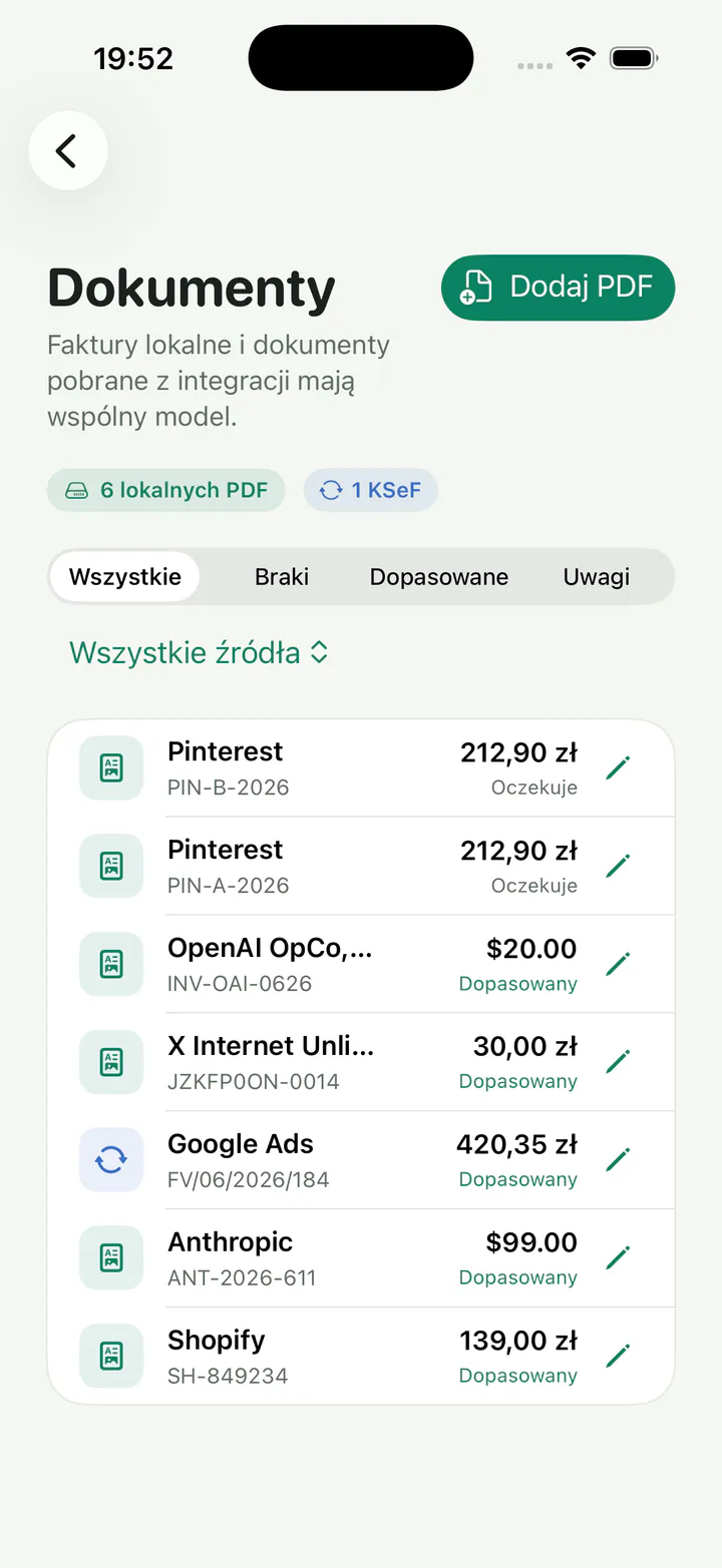Platforma łączenia płatności i dokumentów dla małych firm — Brakujące dokumenty, wyjątki i czyste przekazanie księgowemu 1